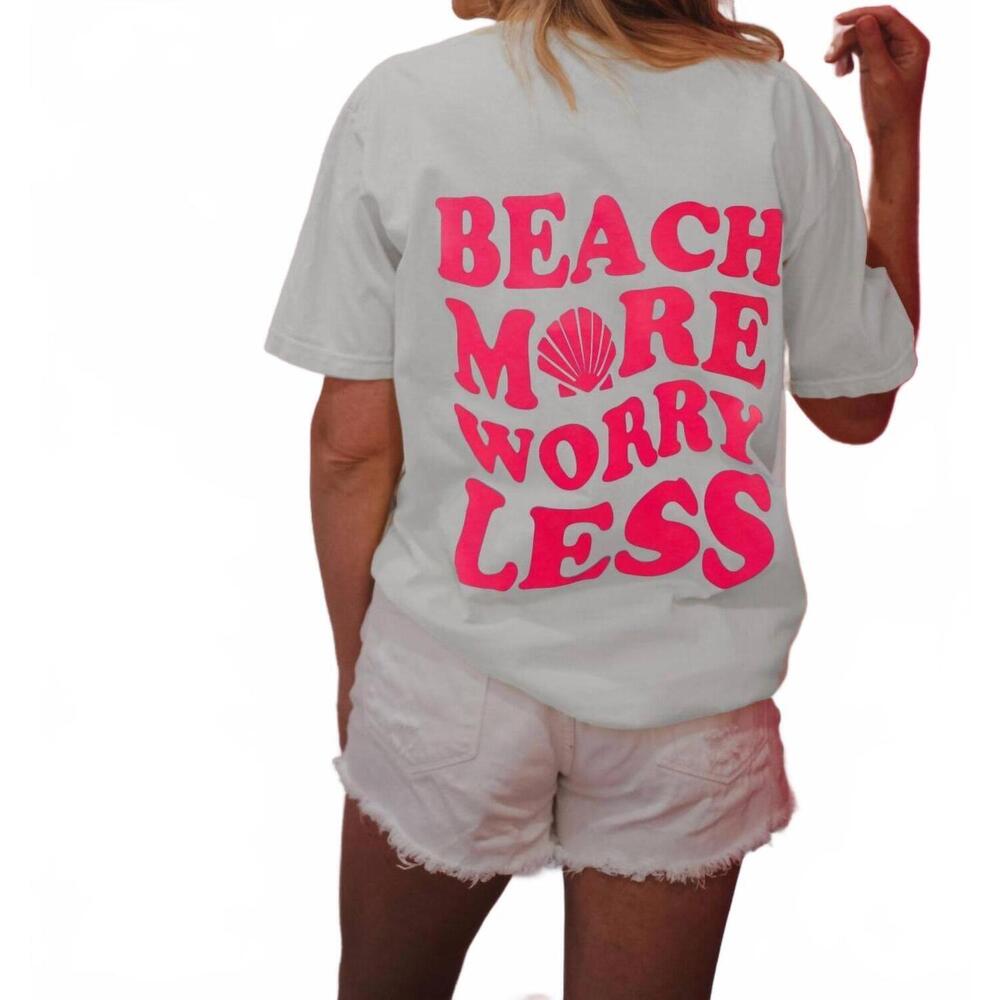NEW MY TRIBE women's beach more worry less oversized graphic tee in white